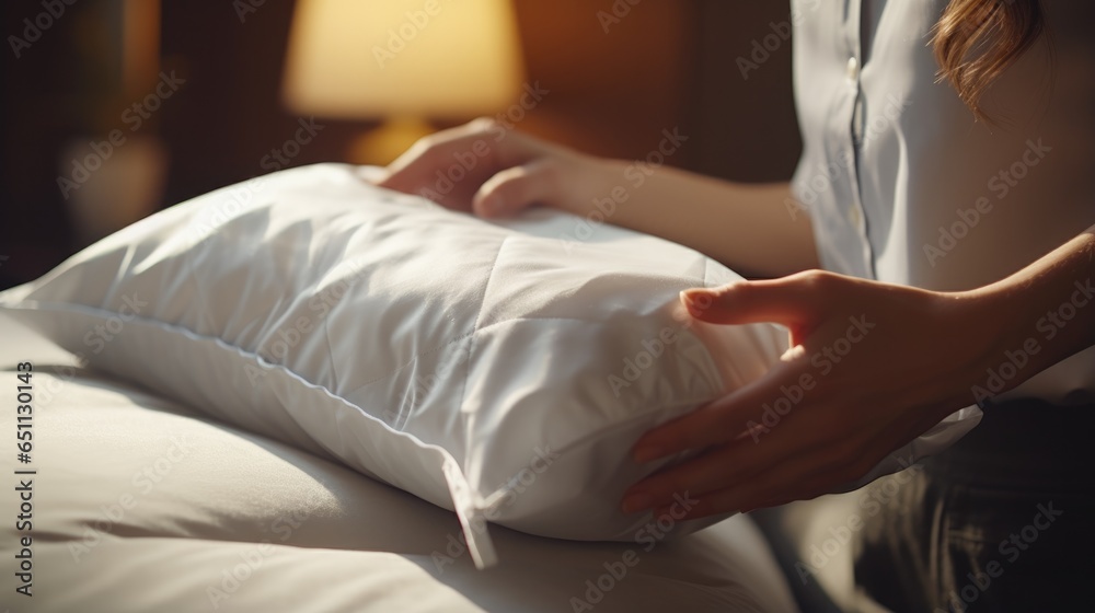 Close-up of Hand professional chambermaid putting sleeping pillow in hotel room Close-up of Hand professional chambermaid putting sleeping pillow in hotel room
