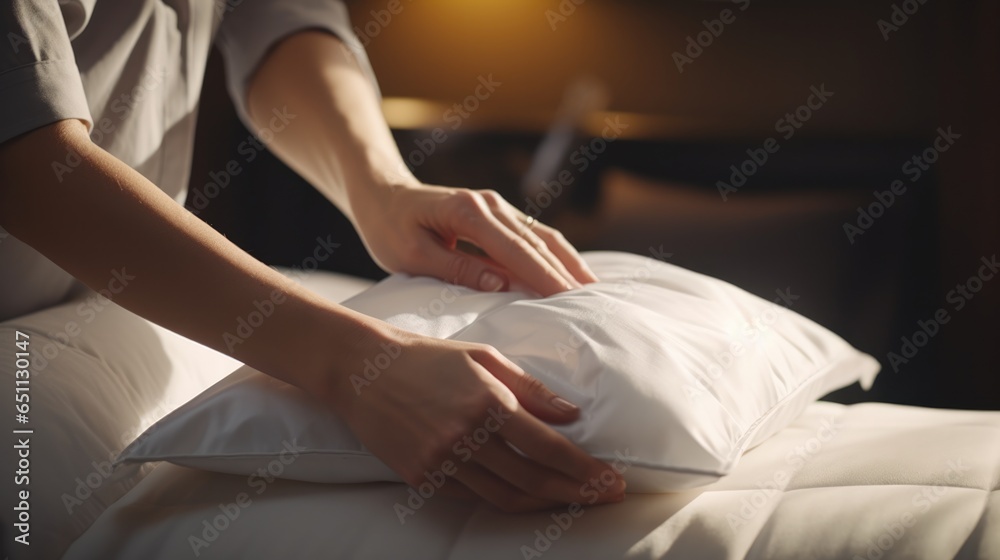 Close-up of Hand professional chambermaid putting sleeping pillow in hotel room Close-up of Hand professional chambermaid putting sleeping pillow in hotel room