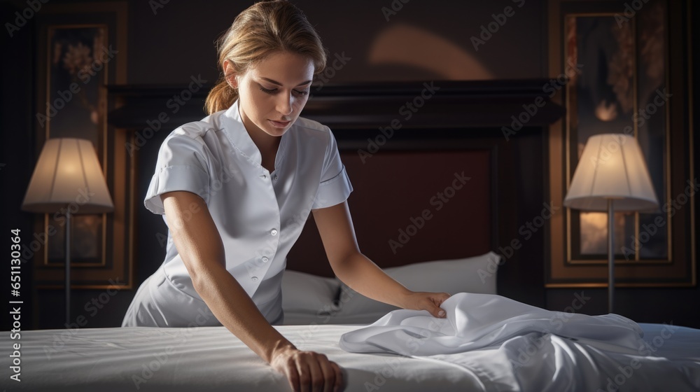 Professional chambermaid in uniform making bed in hotel room - obrazy, fototapety, plakaty 
