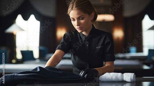 Professional chambermaid in uniform making bed in hotel room photo