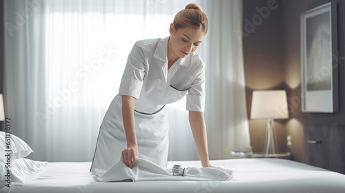 Professional chambermaid in uniform making bed in hotel room