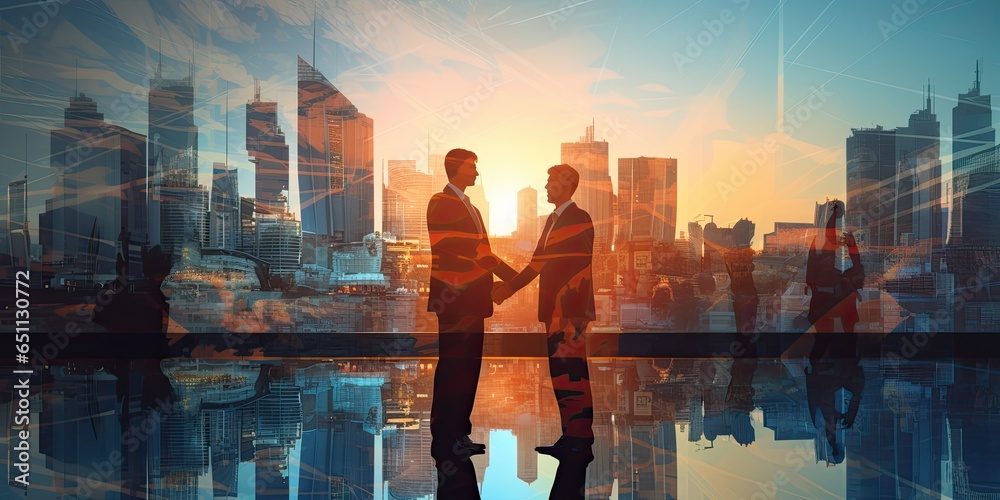 Shadow business and secret government agreements. Silhouette of two businessmen shaking hands against the backdrop of a business district. Double exposure.