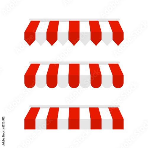 Striped red and white sunshade. Striped awnings vector. Canopy for restaurant, cafe, hotel, or store. Tent roof, template for design.