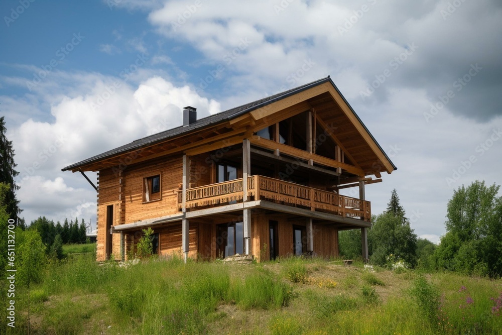 Building eco-friendly wooden house with renewable energy and sustainable materials. Generative AI