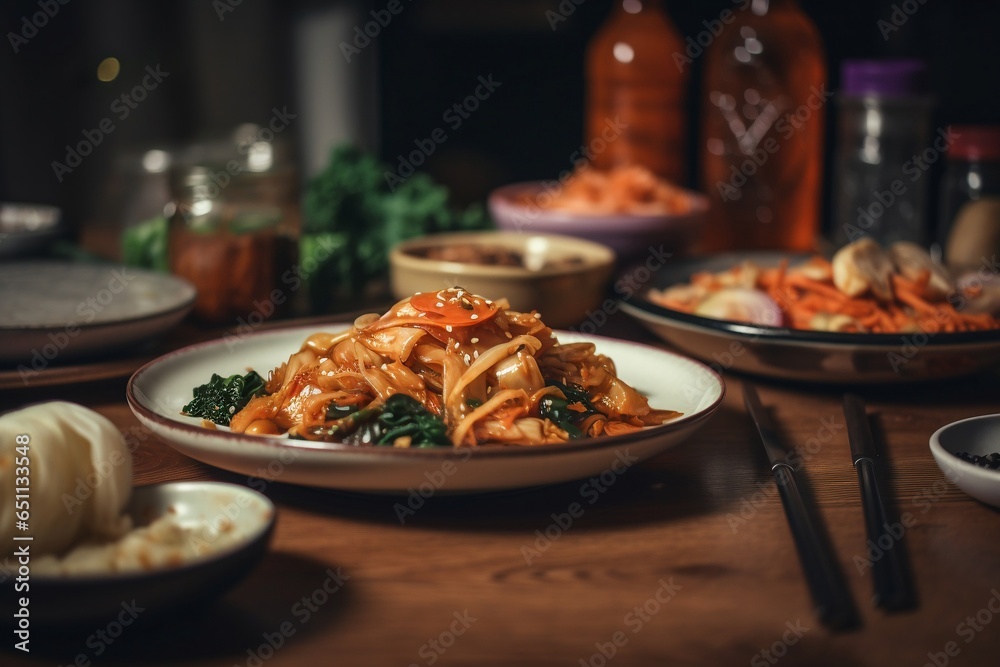 Plate of assorted korean kimchi, menu recipe, generative ai