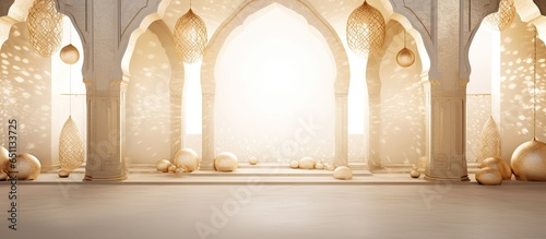 Luxurious Islamic arch with lanterns on an elegant white and golden background photo