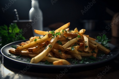 Plate of crispy seasoned french fries. Generative AI.
