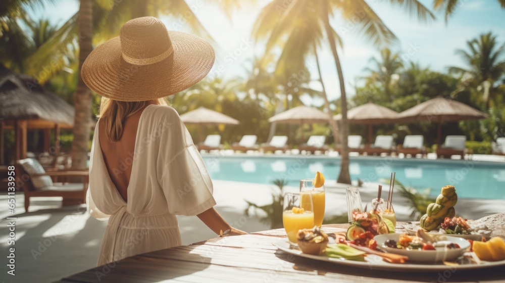 Healthy woman on swimming pool in luxurious tropical resort with have various food and drinks on table, Beach luxury lifestyle in summer vacation.