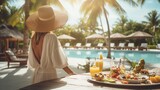 Healthy woman on swimming pool in luxurious tropical resort with have various food and drinks on table, Beach luxury lifestyle in summer vacation.