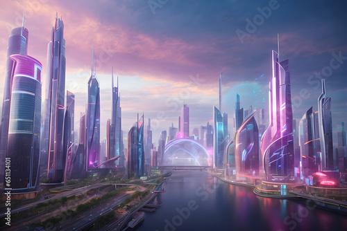 A futuristic cityscape with holographic skyscrapers