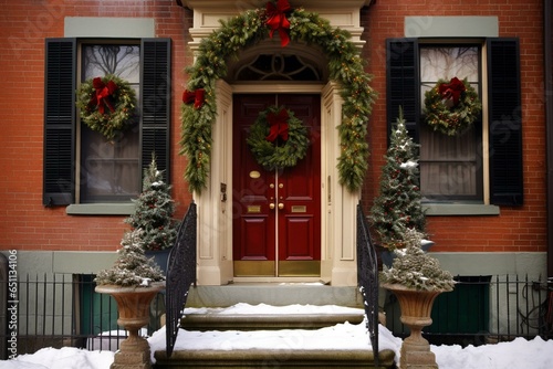 Festive entryways adorned with wreaths, snow, and a captivating background. Artistic depiction of charming holiday front doors. Generative AI