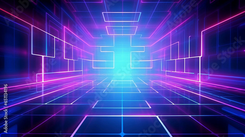 Neon glow cyan blue and purple perspective grid tunnel, cyberspace, digital techonology and VR concept, retro future abstract background.