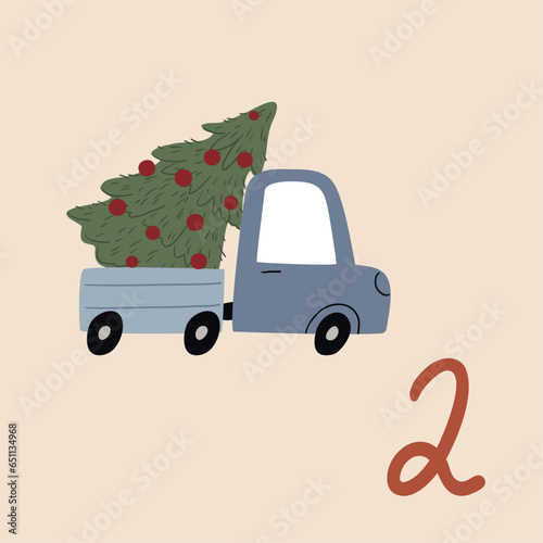 Christmas illustration with a car carrying a Christmas tree and numbers for an advent calendar