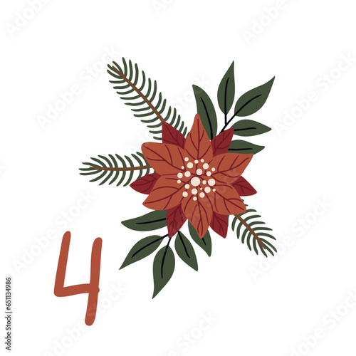 Christmas illustration with poinsettia flower and numbers for advent calendar