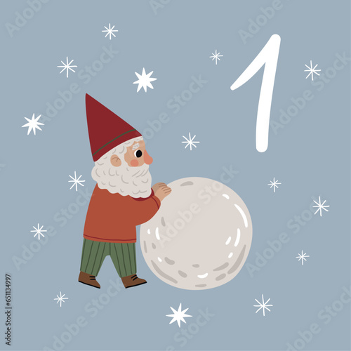 Christmas illustration with gnome and numbers for advent calendar