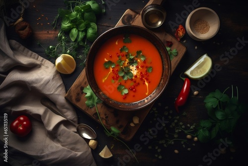 Spicy Homemade Gazpacho Soup, top view, generative ai