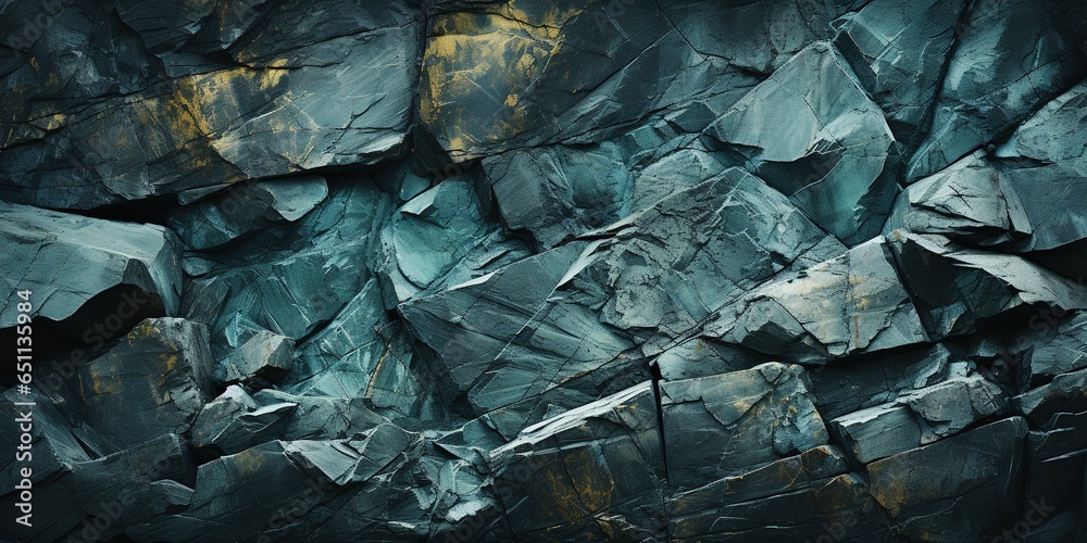 Green blue rock texture. Toned rough mountain surface texture. Crumbled. Close - up. Dark teal rocky background with space for design