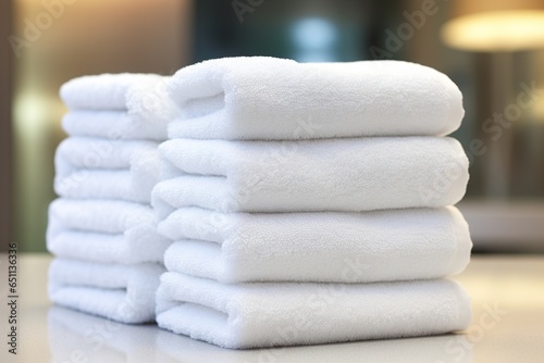 close up of a stack of new white towels in a hotel room