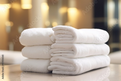 close up of a stack of new white towels in a hotel room