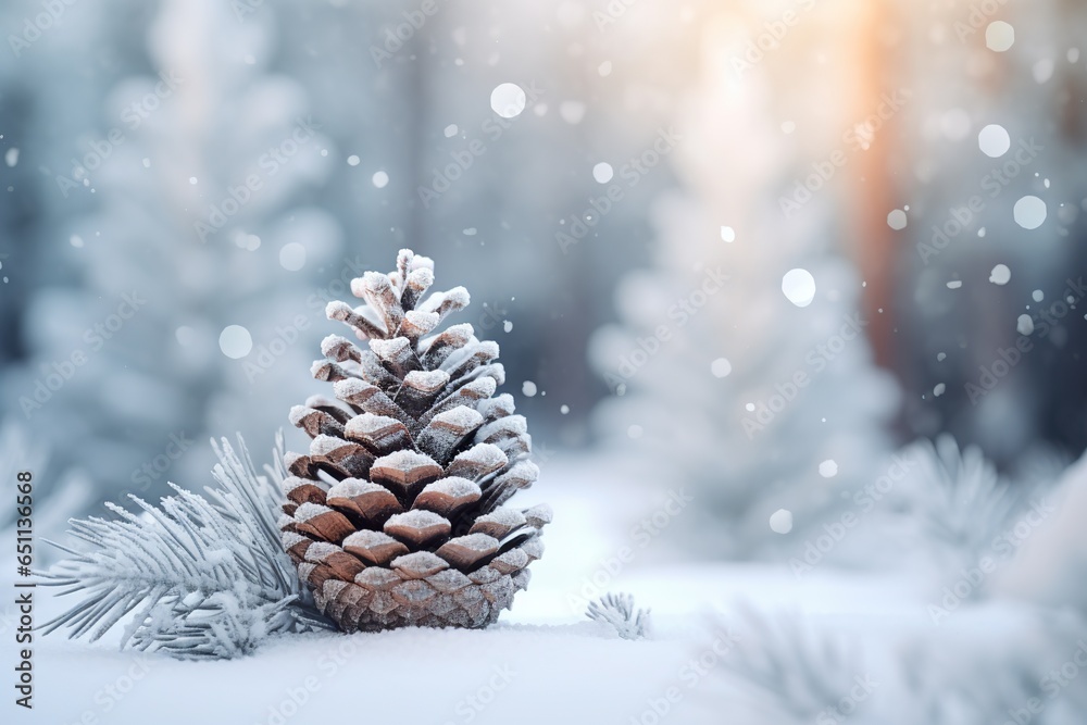 Frosted pine cone on the background of the winter forest Christmas decor