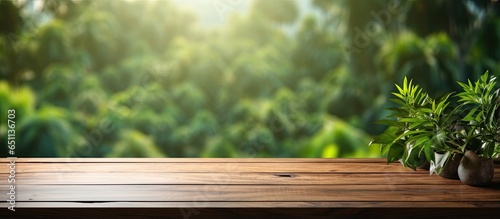 Morning view of a green garden through a blurry window with an empty wooden table suitable for product display or design visual layout