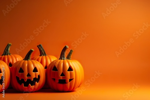 pumpkins on an orange background with copy space. Halloween concept