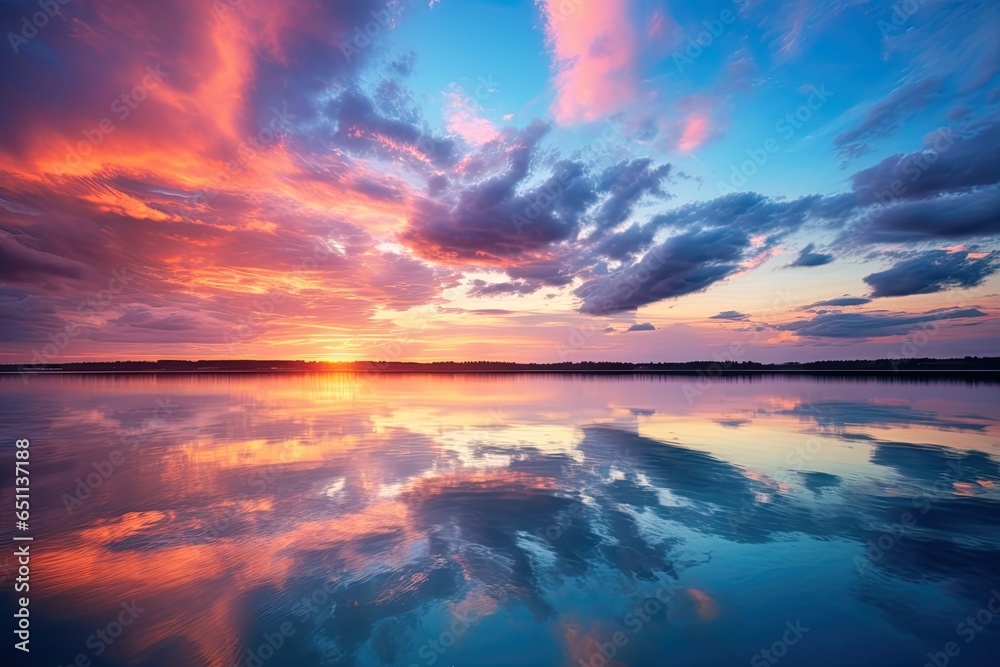 Sunset over the horizon with beautiful clouds and reflection in the water