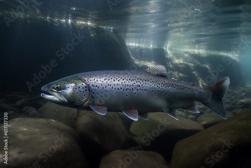 Atlantic salmon in the river underwater. Generative AI.