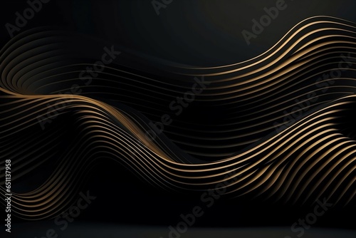 Beautiful black abstract luxury background with golden wavy lines. Generative AI.
