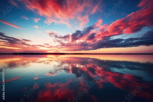 Sunset over the horizon with beautiful clouds and reflection in the water © PinkiePie