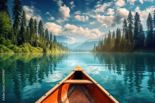 kayak adventure lonely boat on peaceful lake in summer landscape © krissikunterbunt