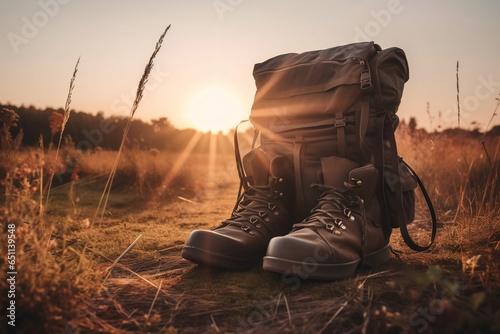 Big backpack and trekking boots golden hour background. Generative AI.