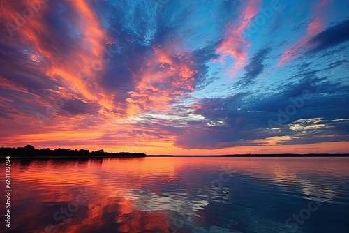 Sunset over the horizon with beautiful clouds and reflection in the water © PinkiePie