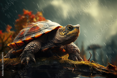 Huge turtle near the water on a rainy day © Innese