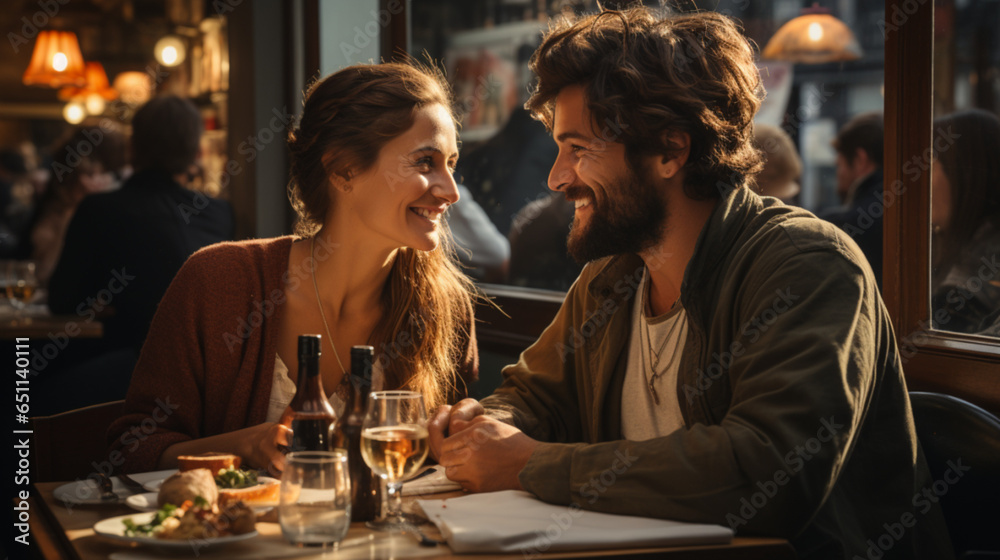 Young Happy Couple Having Lunch in a Restaurant