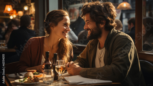 Young Happy Couple Having Lunch in a Restaurant