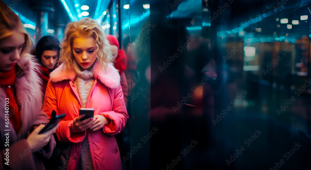 Two girls in stylish pink fashion clothing, checking their phones. Futuristic concept of screen time, addiction to being online and mobile devices. Shallow field of view.