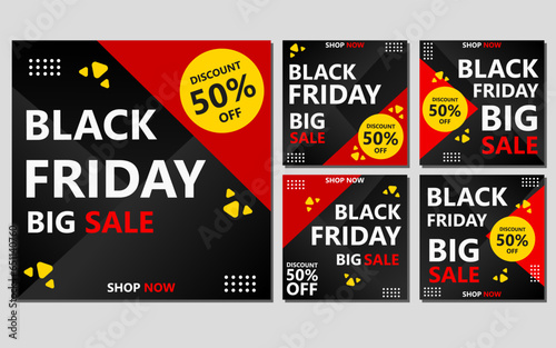 a set of black friday banners with red and black geometric shapes.