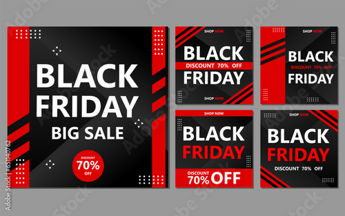 a set of black friday banners with red and black geometric shapes. photo