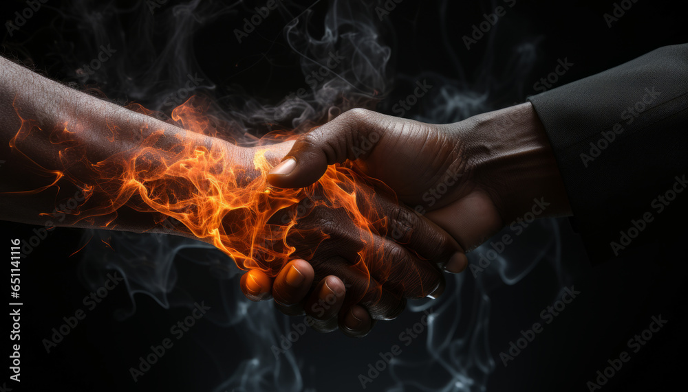 Fiery handshake with a man, greeting of two men, close-up of fiery hands, mutual agreement in politics and business. Made in AI - obrazy, fototapety, plakaty 