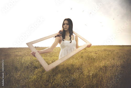 Canvas Print surreal image of a woman disappearing inside a frame, abstract concept