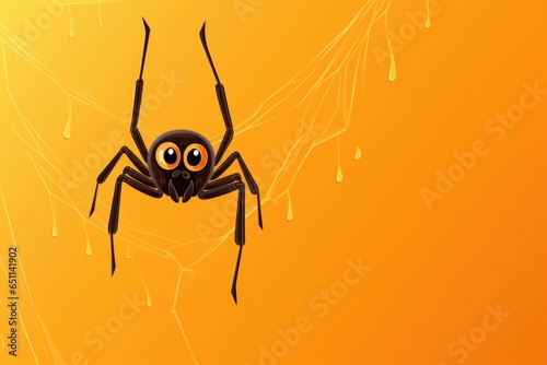 Halloween funny comedy drawing, scaret spider hanging on web orange background. photo