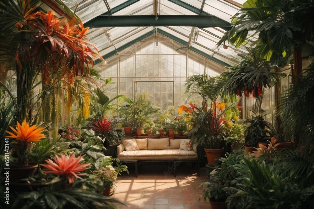 Tropical garden in a greenhouse with flowers and plants in pots Tropical garden in a greenhouse with flowers and plants in pots