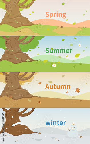 This picture shows the four seasons. The environment around a big tree changes noticeably with the seasons, with leaves falling like snowflakes, representing summer, autumn, winter, and spring.