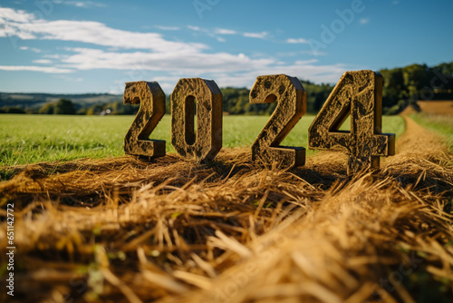 Happy new year design with 2024 3d sign on agriculture farm place created with generative ai