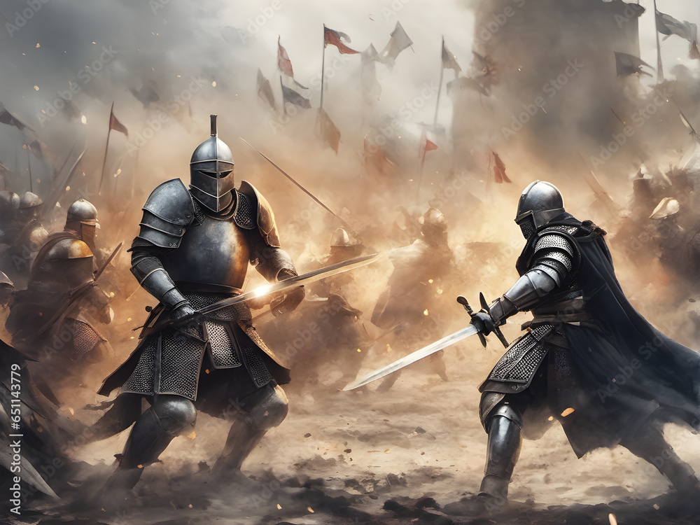 Fototapeta premium Epic battlefield. two medieval knights in armor fighting with swords. army of the dark ages. war, fighting. generative AI