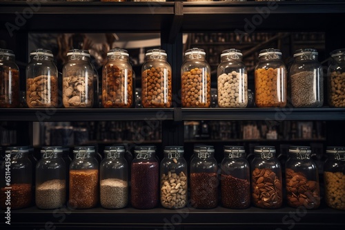 Glass jars on shelf with various nuts on. Food products on a store shelf or in the pantry. Generative AI.