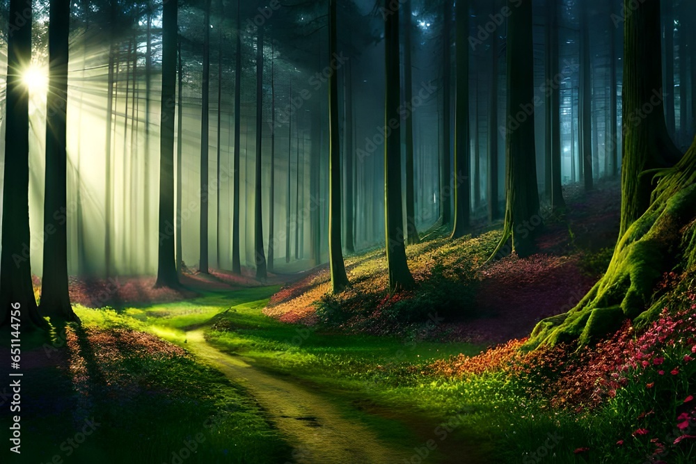 Magical dark fairy tale forest at night with glowing lights and fog und ...