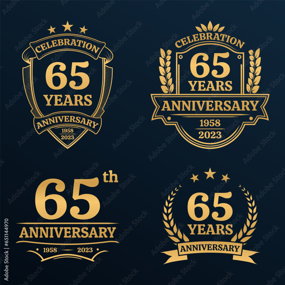 65 years anniversary icon or logo set. Vintage birthday banner design. 65th anniversary jubilee celebration golden badge or label collection. Vector illustration.