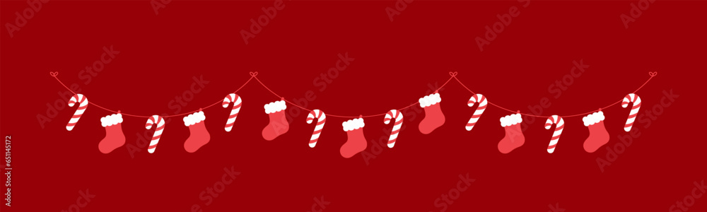 Christmas Stocking and Candy Cane Garland Vector Illustration, Christmas Graphics Festive Winter Holiday Season Bunting Christmas Stocking and Candy Cane Garland Vector Illustration, Christmas Graphics Festive Winter Holiday Season Bunting